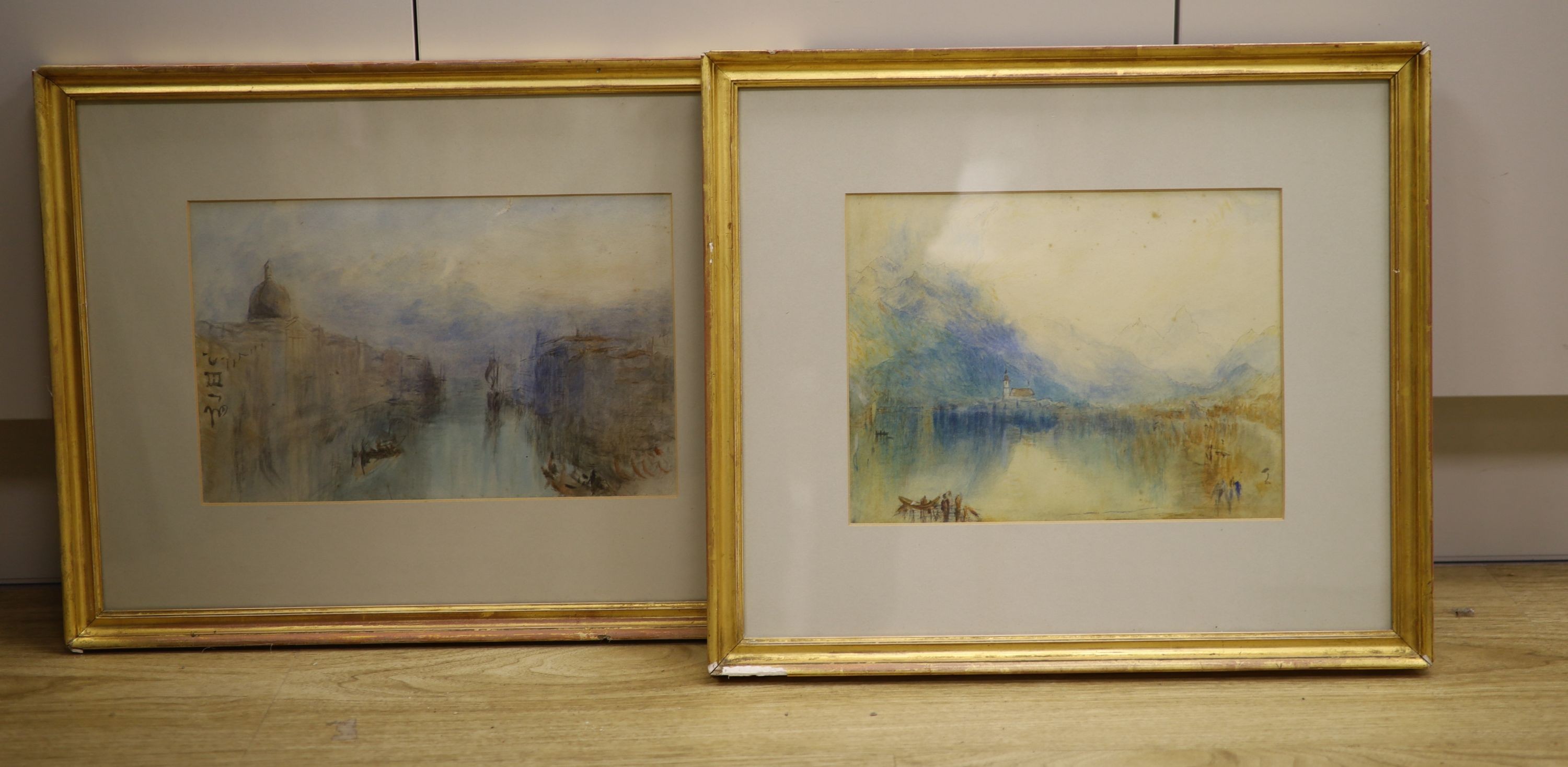 Manner of Brabazon Brabazon, two watercolours, Lake scene and View of Venice, 21 x 28cm and 20 x 32cm